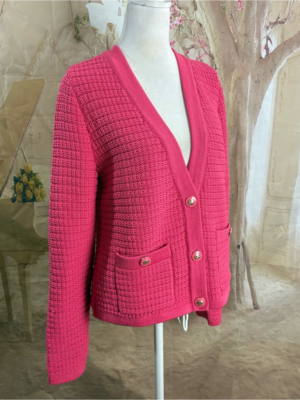 NEW Talbots Hot Pink Textured V-Neck Button Cardigan - Picture 5 of 11
